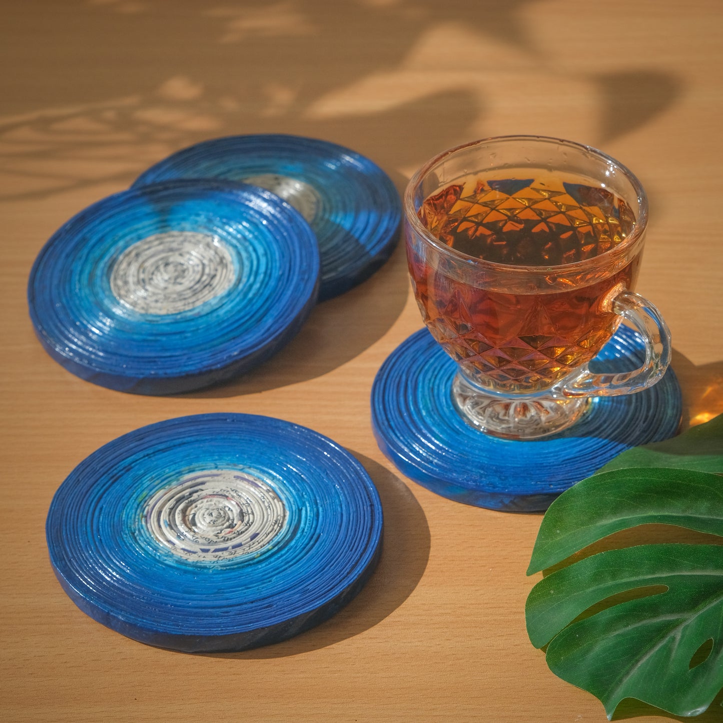 Eco-Friendly Coiled Newspaper Coasters - Blue