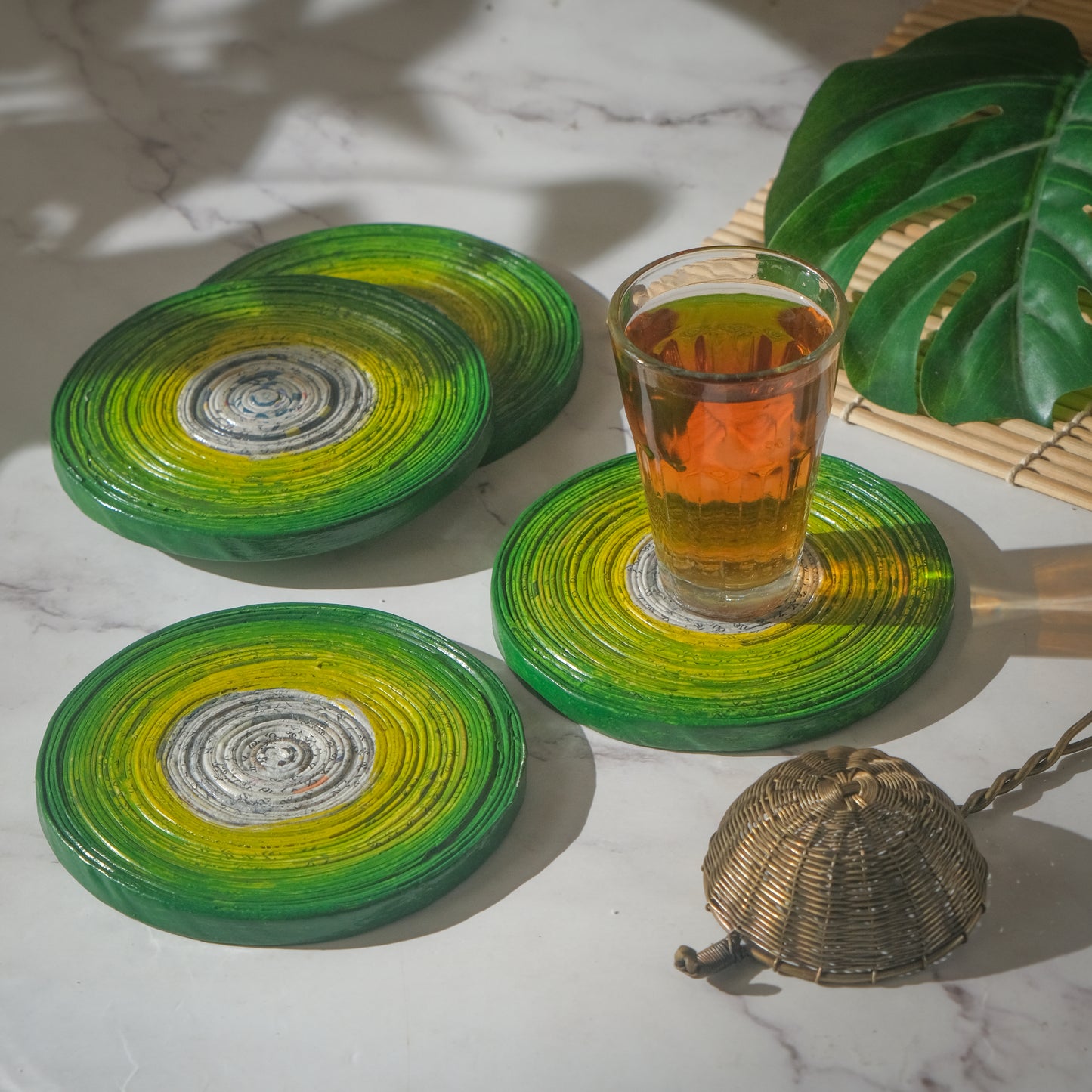 Eco-Friendly Coiled Newspaper Coasters - Green