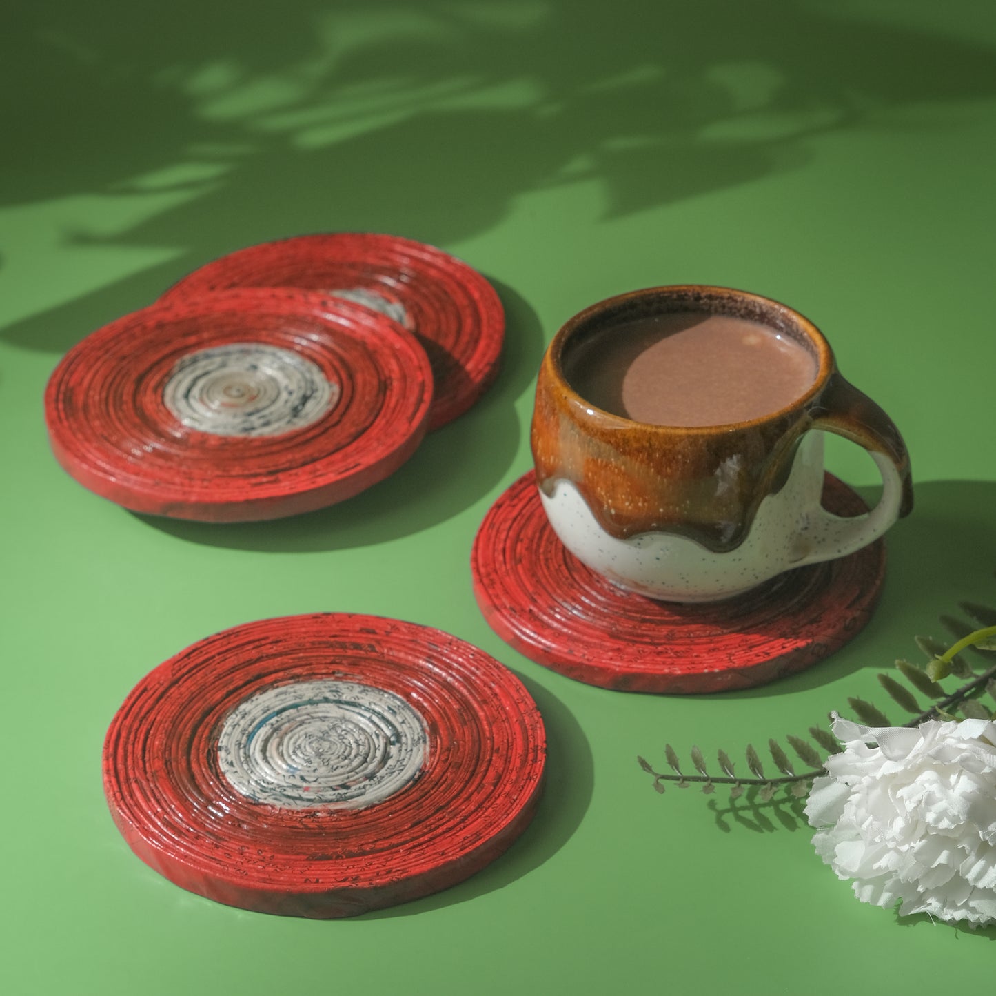 Eco-Friendly Coiled Newspaper Coasters - Red