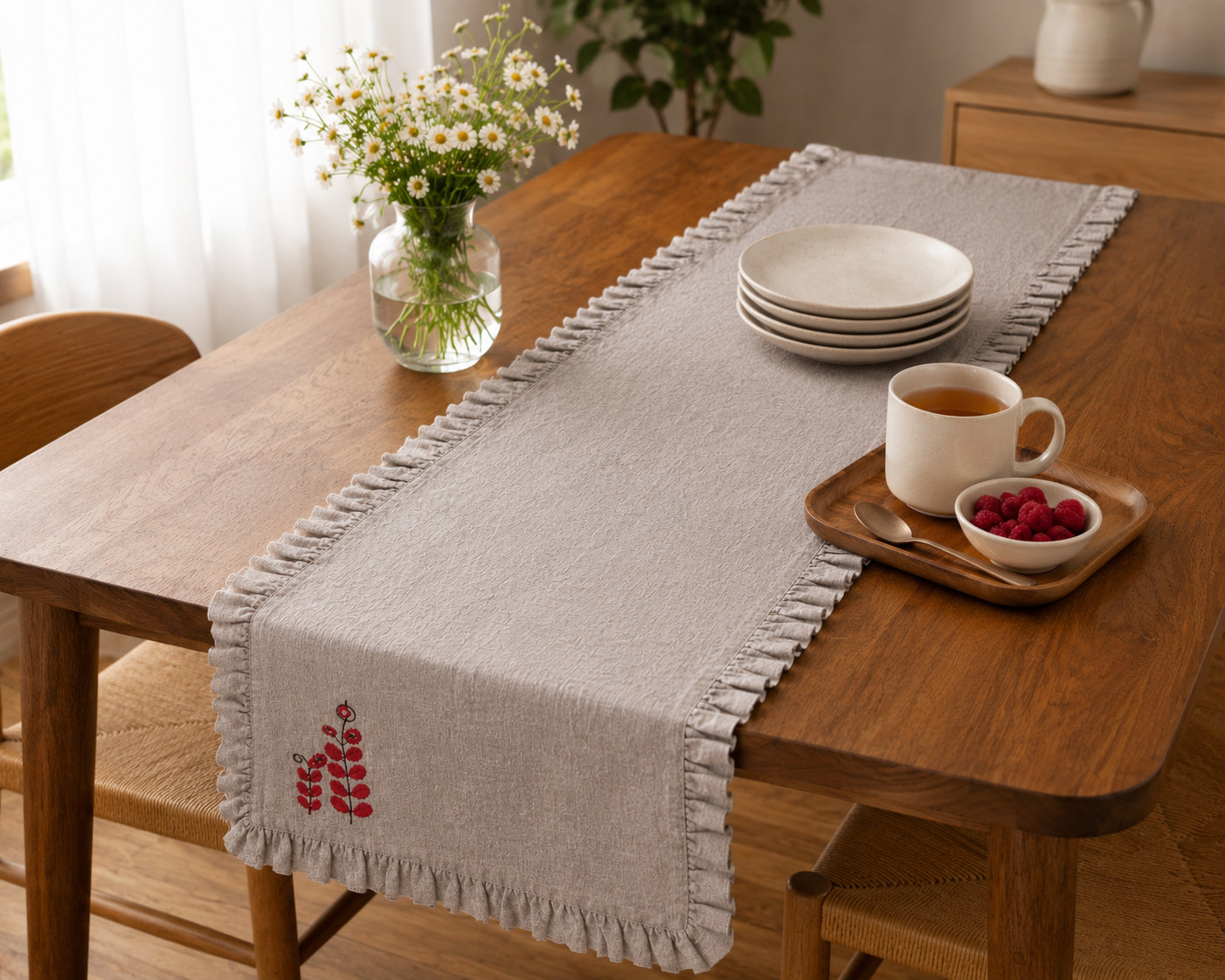 Grey Ruffled Cotton Dining Runner