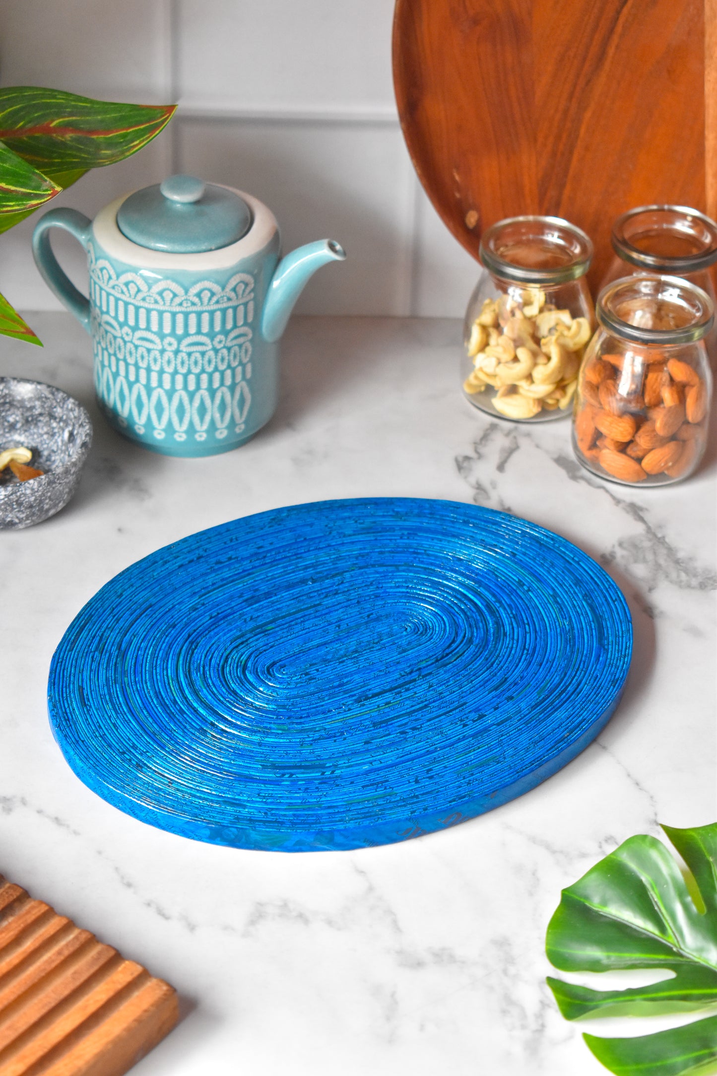 Handcrafted Upcycled Newspaper Oval Trivet Mat - Blue
