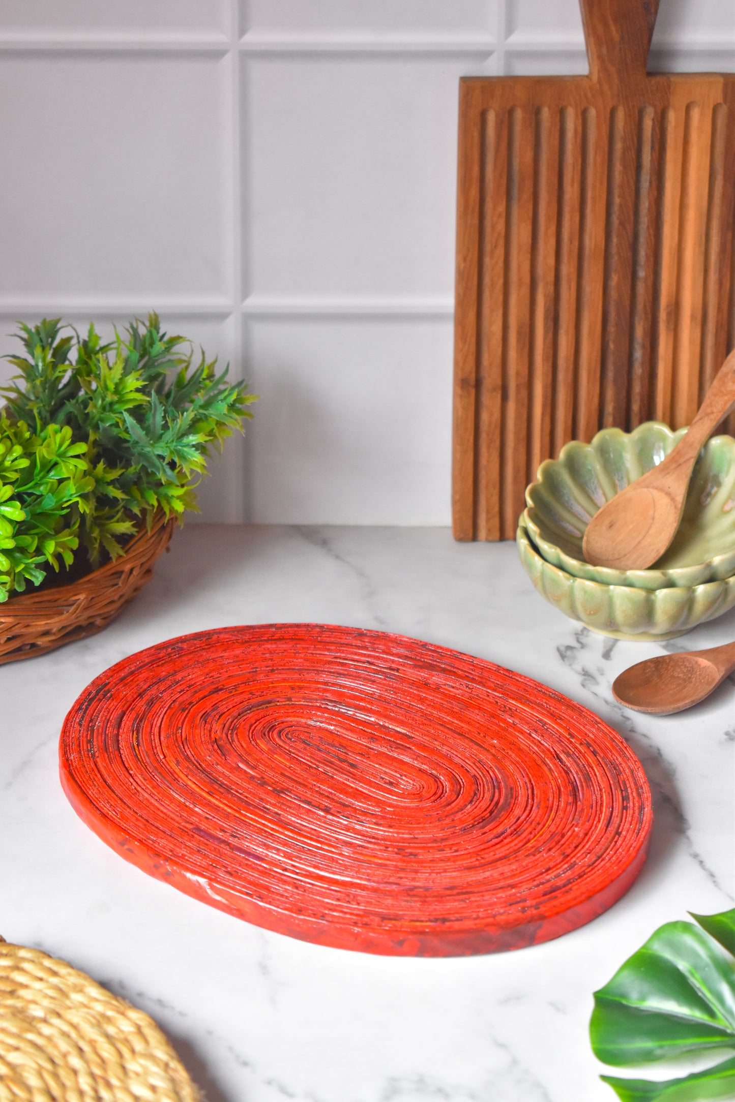 Handcrafted Upcycled Newspaper Oval Trivet Mat - Red