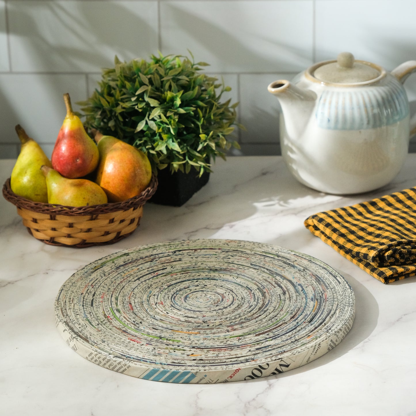 Handcrafted Upcycled Newspaper Round Trivet Mat