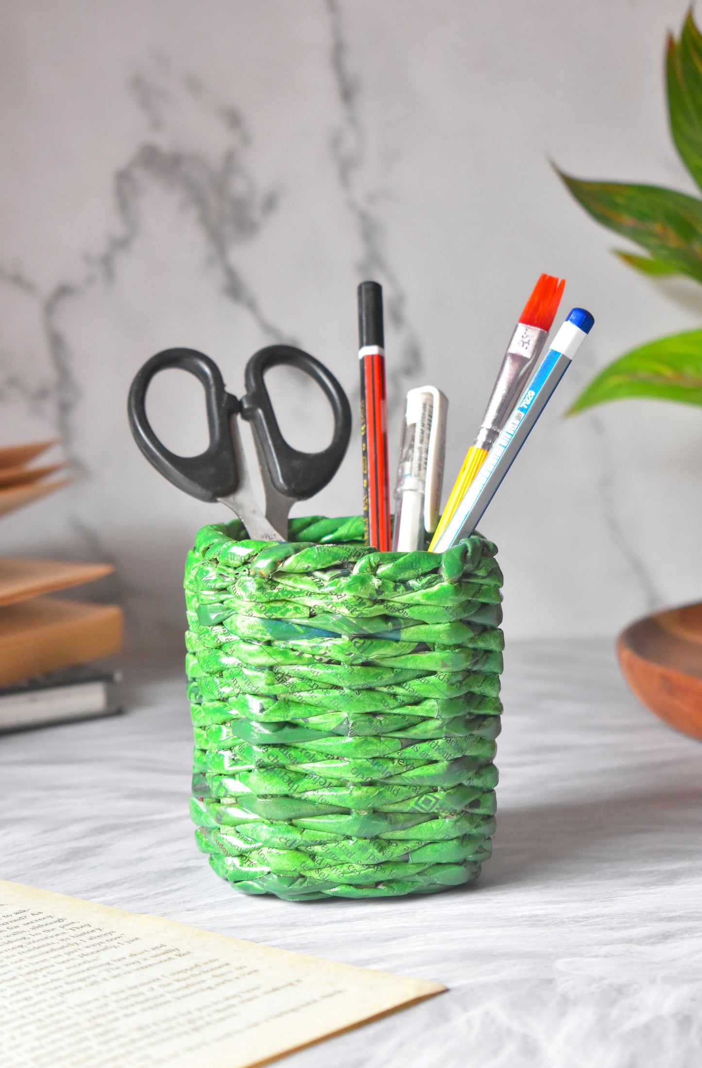 Handwoven Upcycled Newspaper Desk Organizer Holder- Green