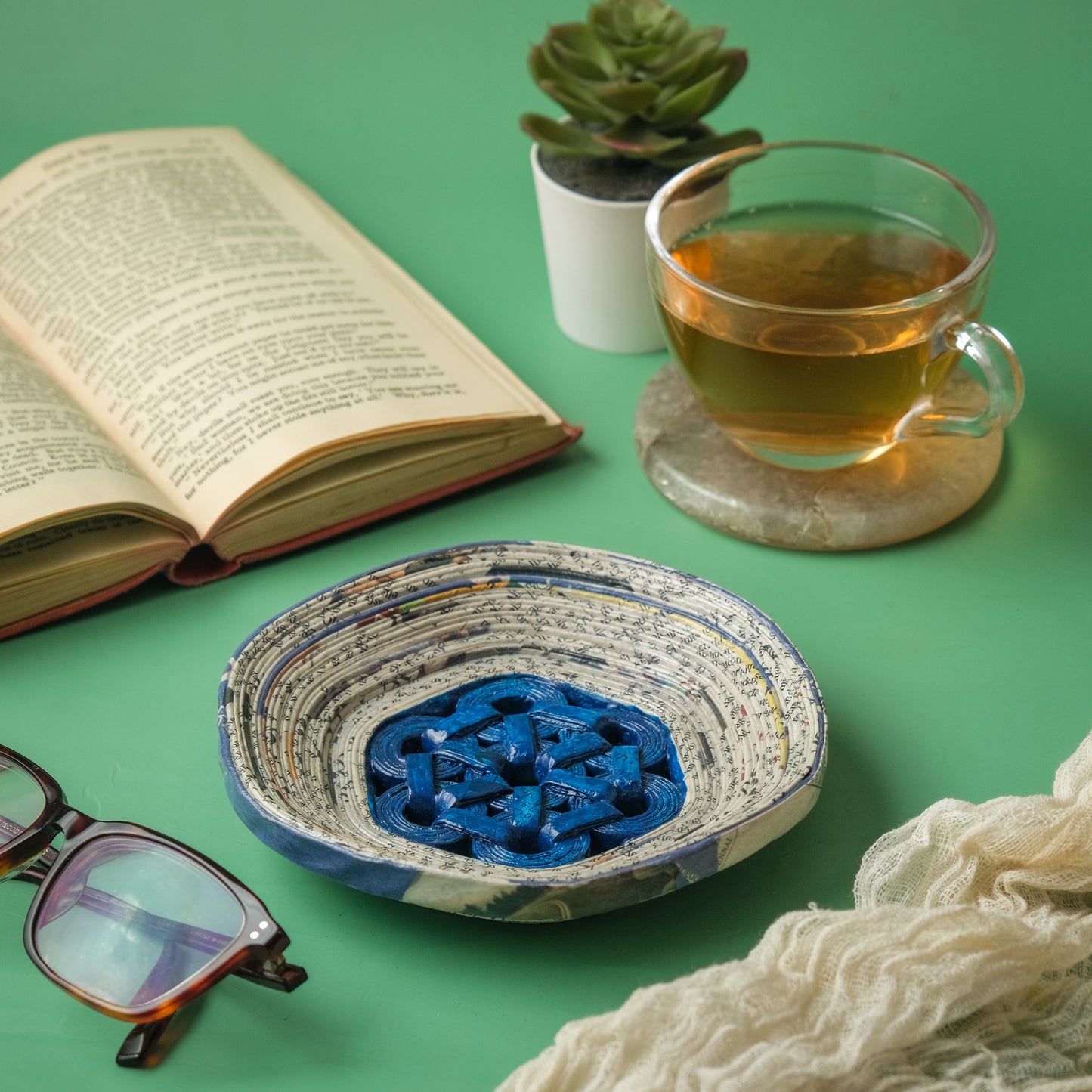 Upcycled Coiled Newspaper Saucer - Blue