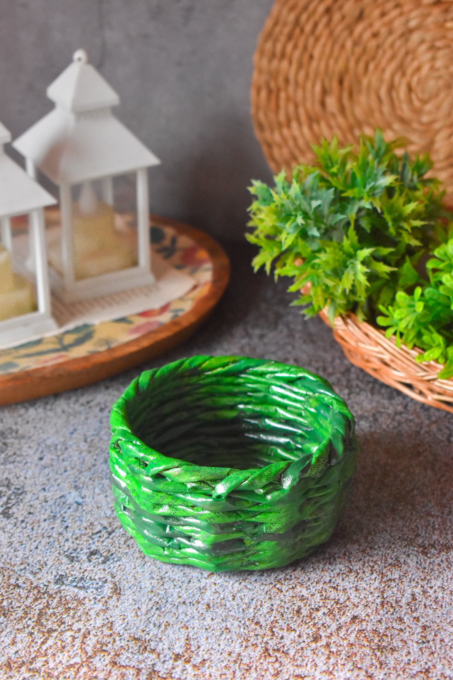 Upcycled Woven Newspaper Round Bowl Organizer - Green