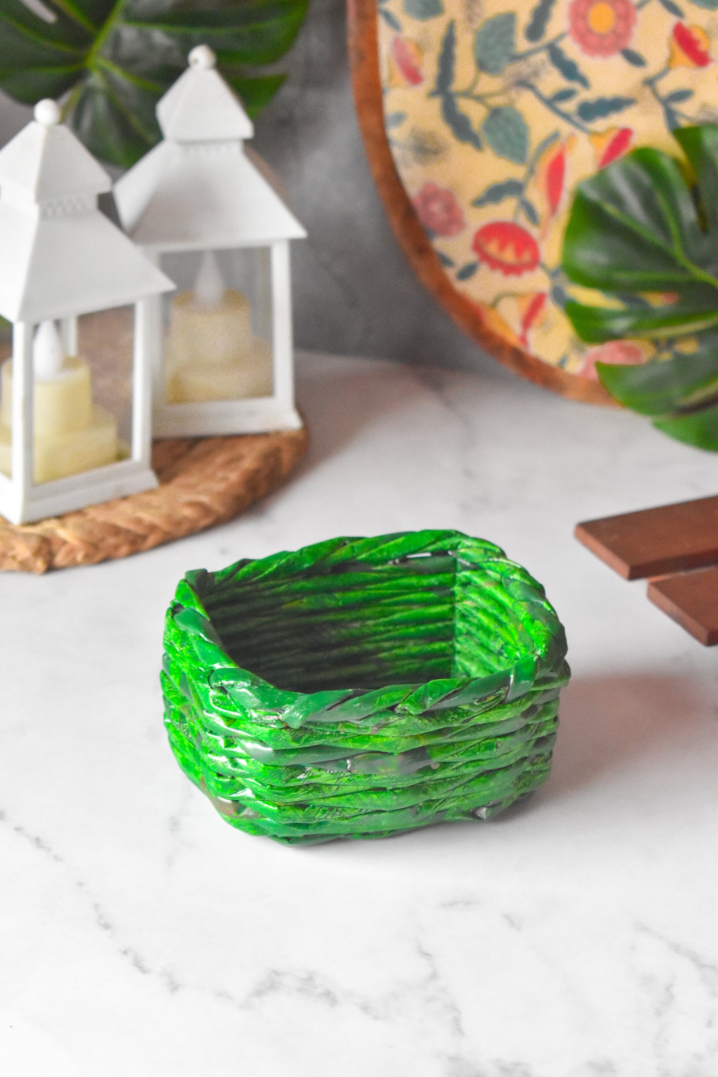 Upcycled Woven Newspaper Square Bowl Organizer - Green