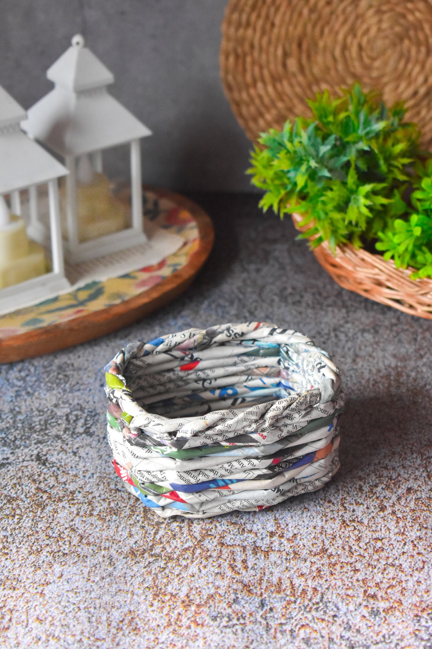 Upcycled Woven Newspaper Square Bowl Organizer