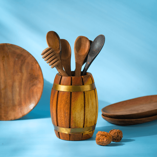 Wooden Barrel Cutlery/Stationary Holder