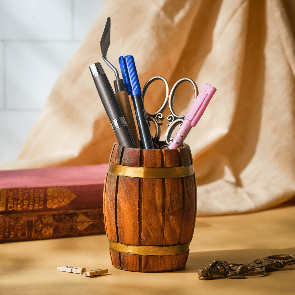 Wooden Barrel Cutlery/Stationary Holder