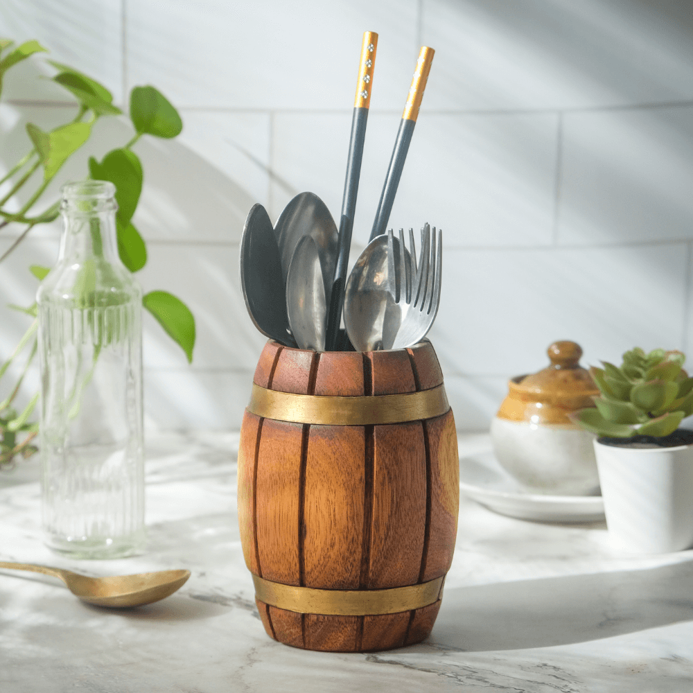 Wooden Barrel Cutlery/Stationary Holder