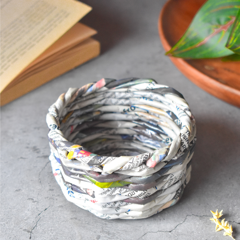 Upcycled Woven Newspaper Bowl Round Organizer