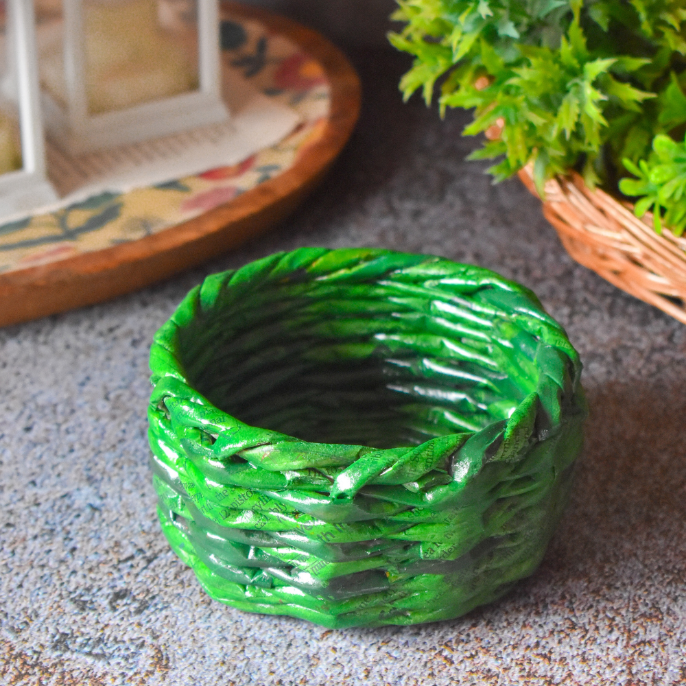 Upcycled Woven Newspaper Bowl Round Organizer