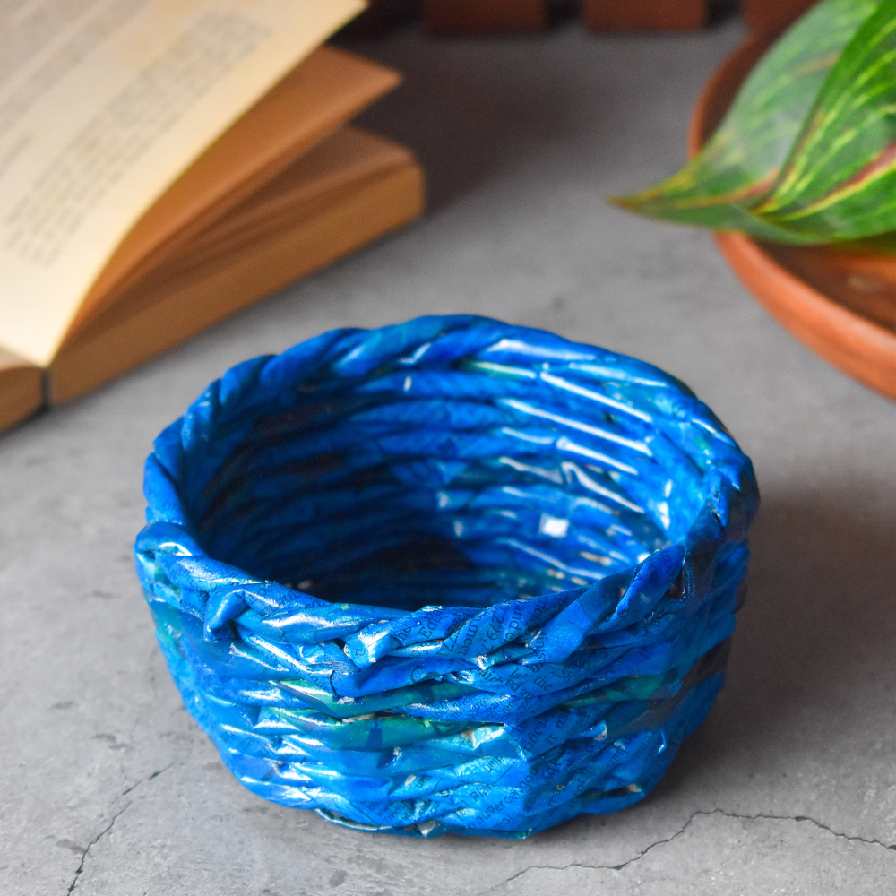 Upcycled Woven Newspaper Bowl Round Organizer