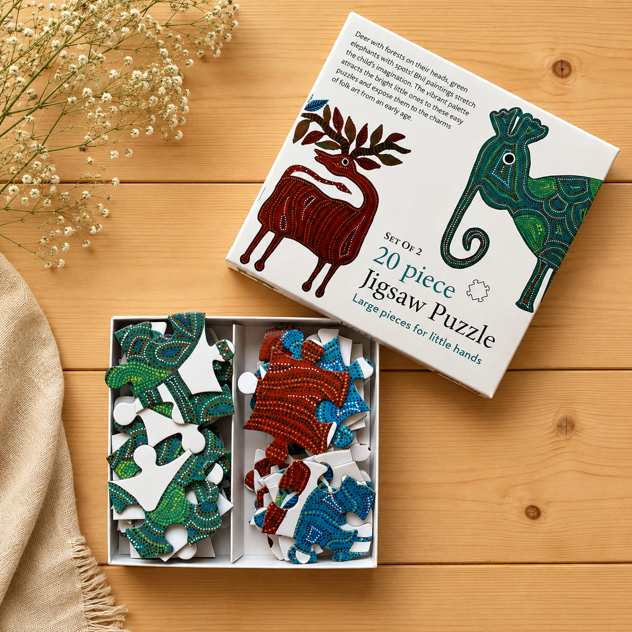 Bhil Elephant & Deer 20-Piece Jigsaw Puzzle - Indian Tribal Art Learning Puzzle