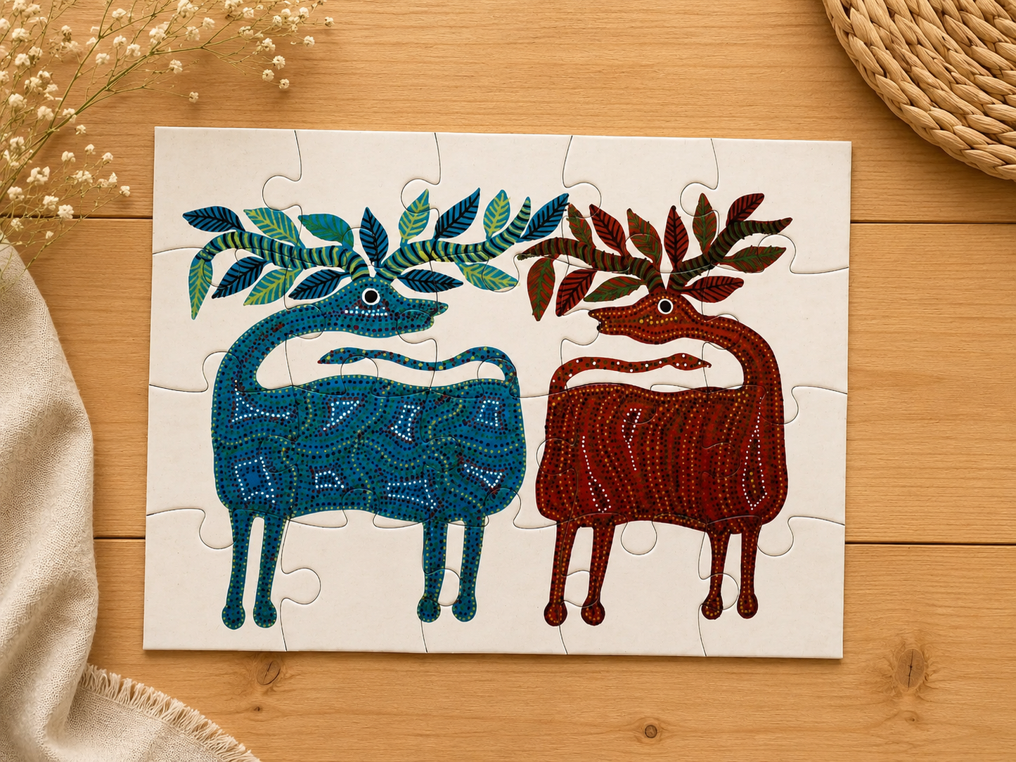Bhil Elephant & Deer 20-Piece Jigsaw Puzzle - Indian Tribal Art Learning Puzzle