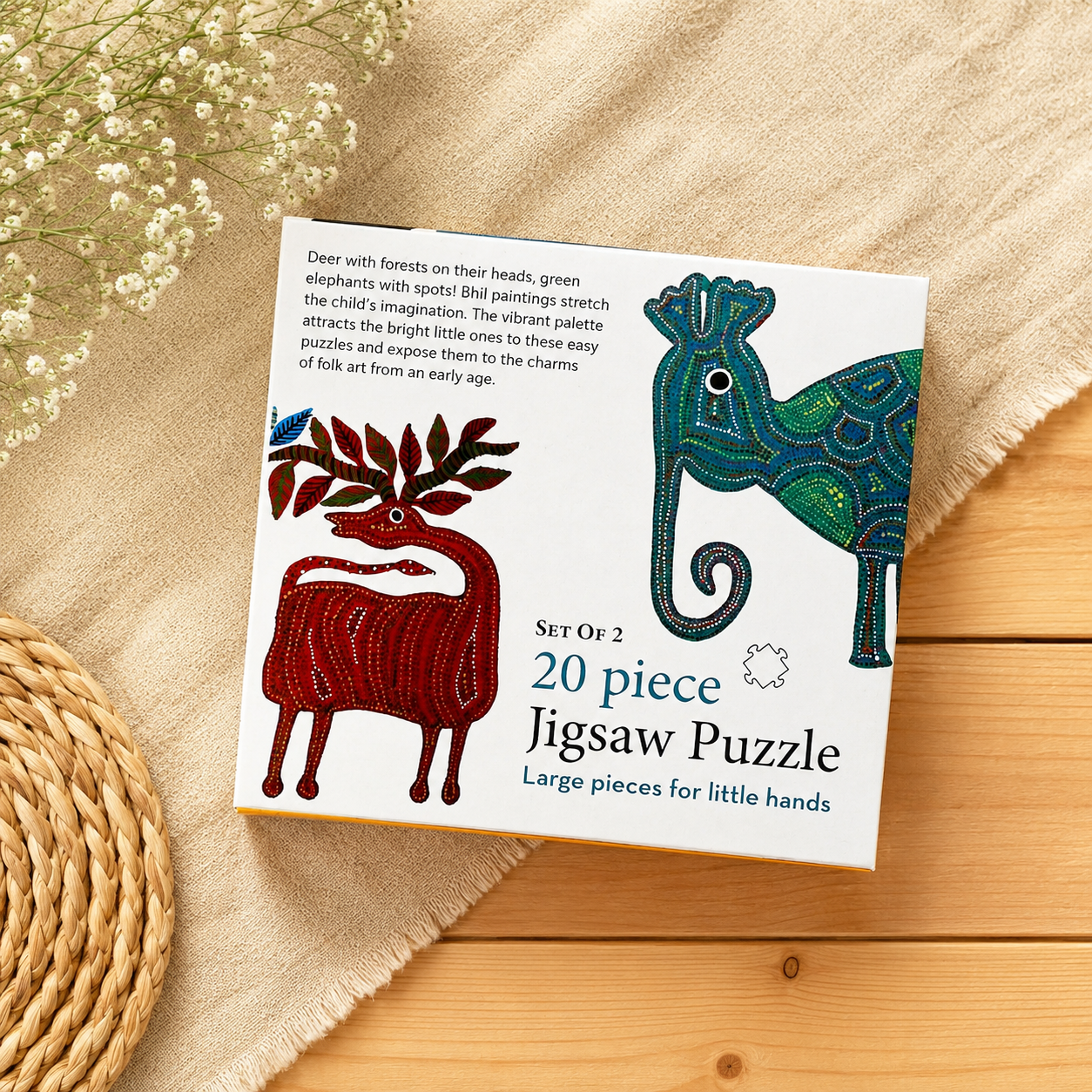 Bhil Elephant & Deer 20-Piece Jigsaw Puzzle - Indian Tribal Art Learning Puzzle