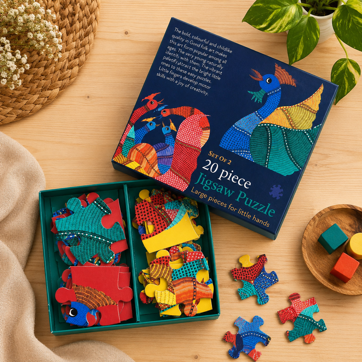 Gond Hen & Rooster 20-Piece Jigsaw Puzzle - Indian Folk Art Puzzle for Kids