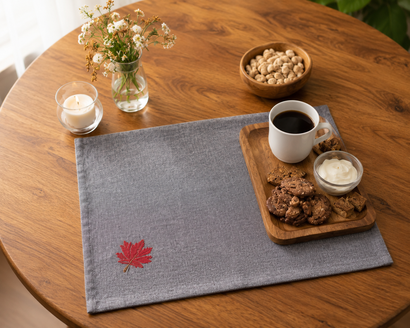 Grey Cotton Minimal Kantha Stitched Maple Placemat