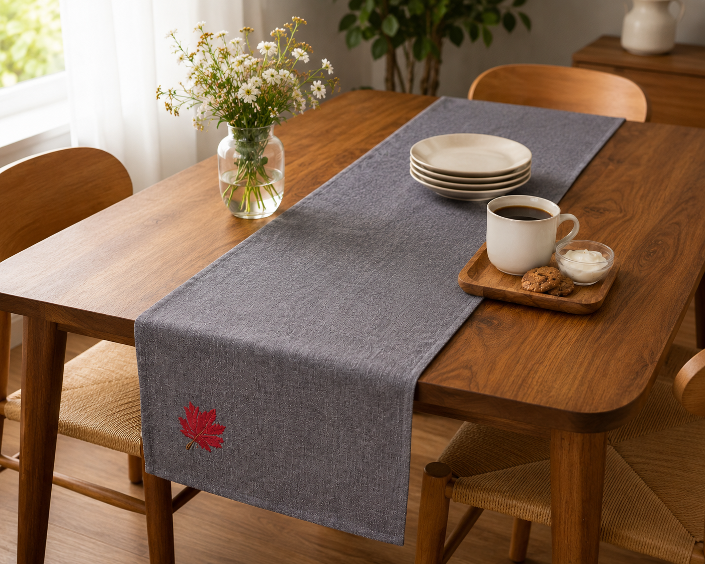 Grey Cotton Minimal Kantha Stitched Maple Runner