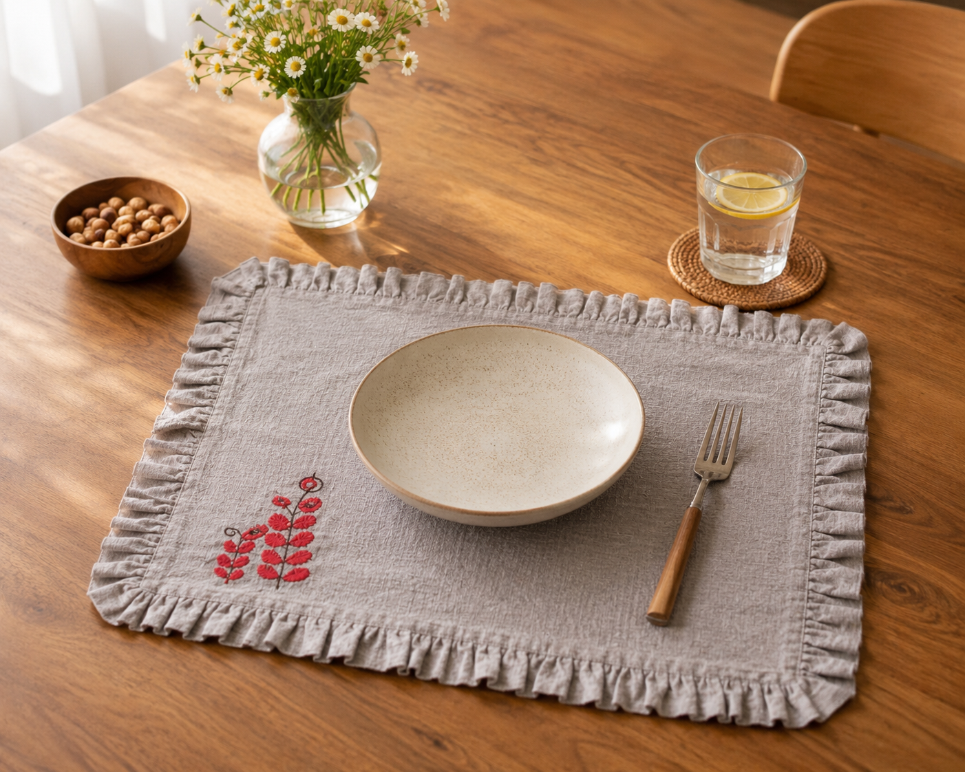 Grey Ruffled Cotton Dining Placemat