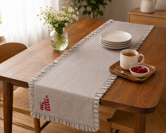 Grey Ruffled Cotton Dining Runner