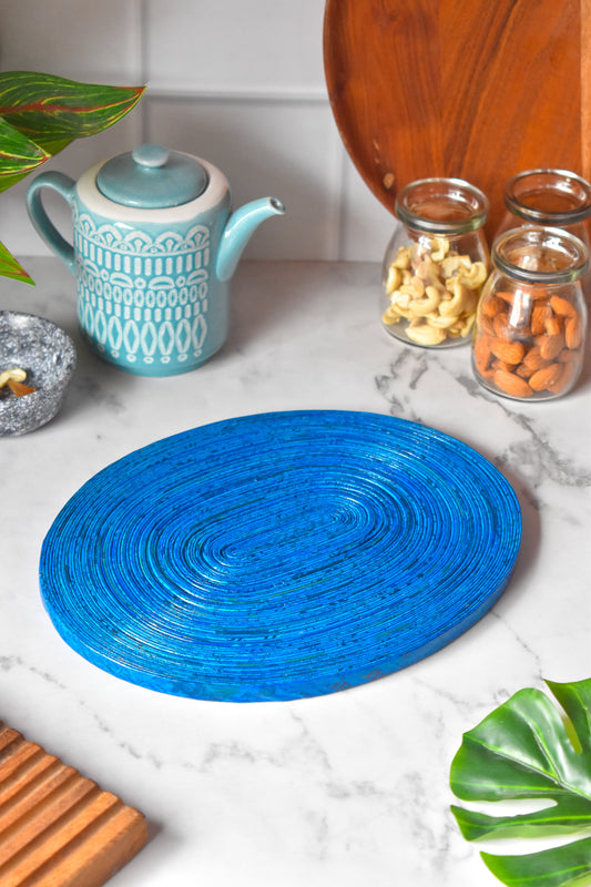 Handcrafted Upcycled Newspaper Oval Trivet Mat - Blue
