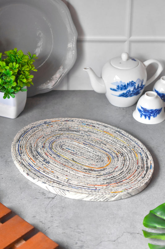 Handcrafted Upcycled Newspaper Oval Trivet Mat