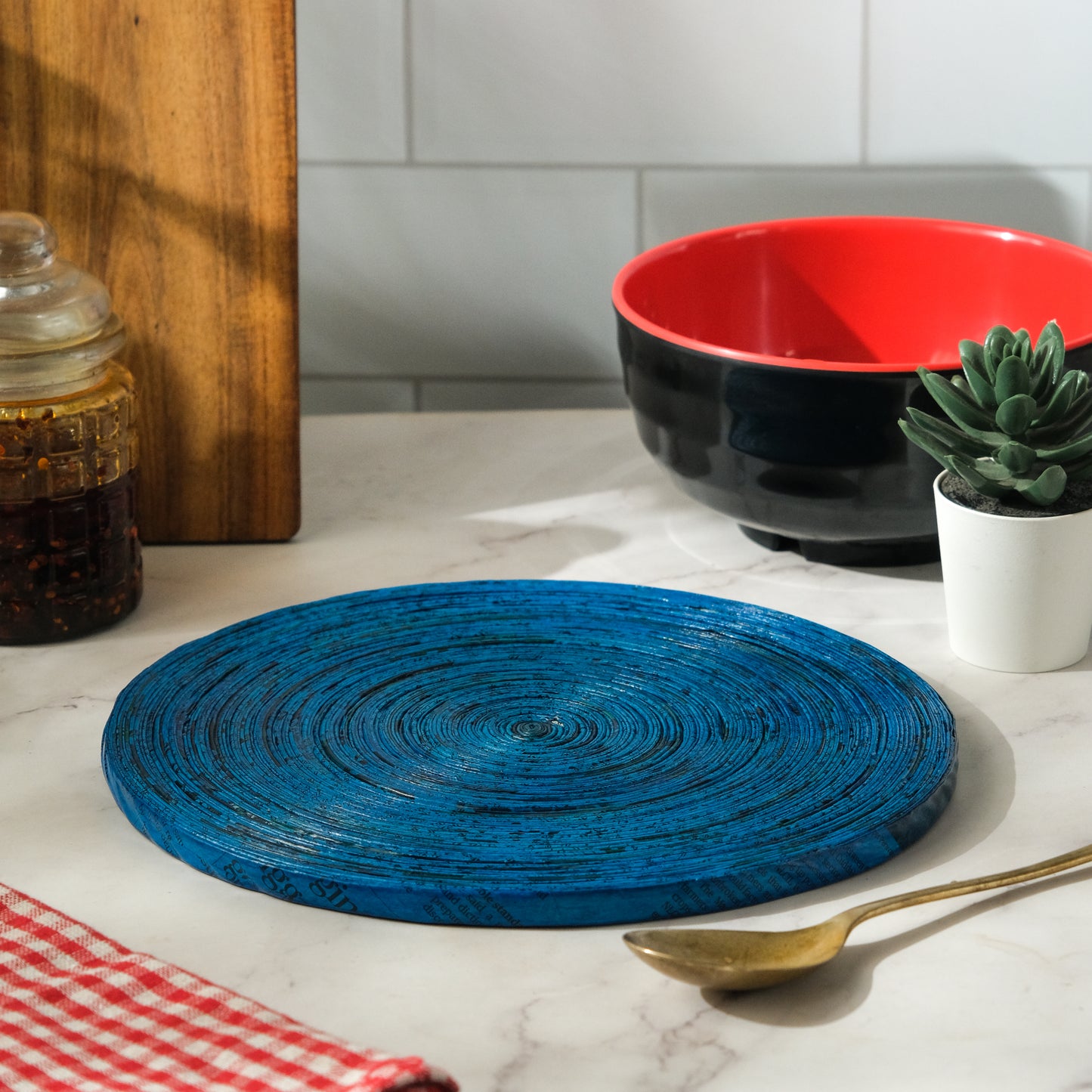 Handcrafted Upcycled Newspaper Round Trivet Mat - Blue