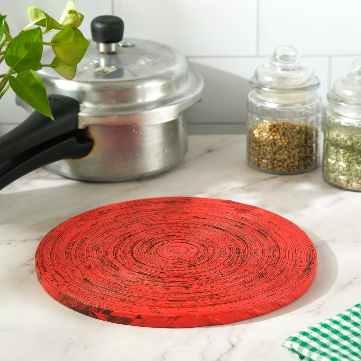 Handcrafted Upcycled Newspaper Round Trivet Mat - Red