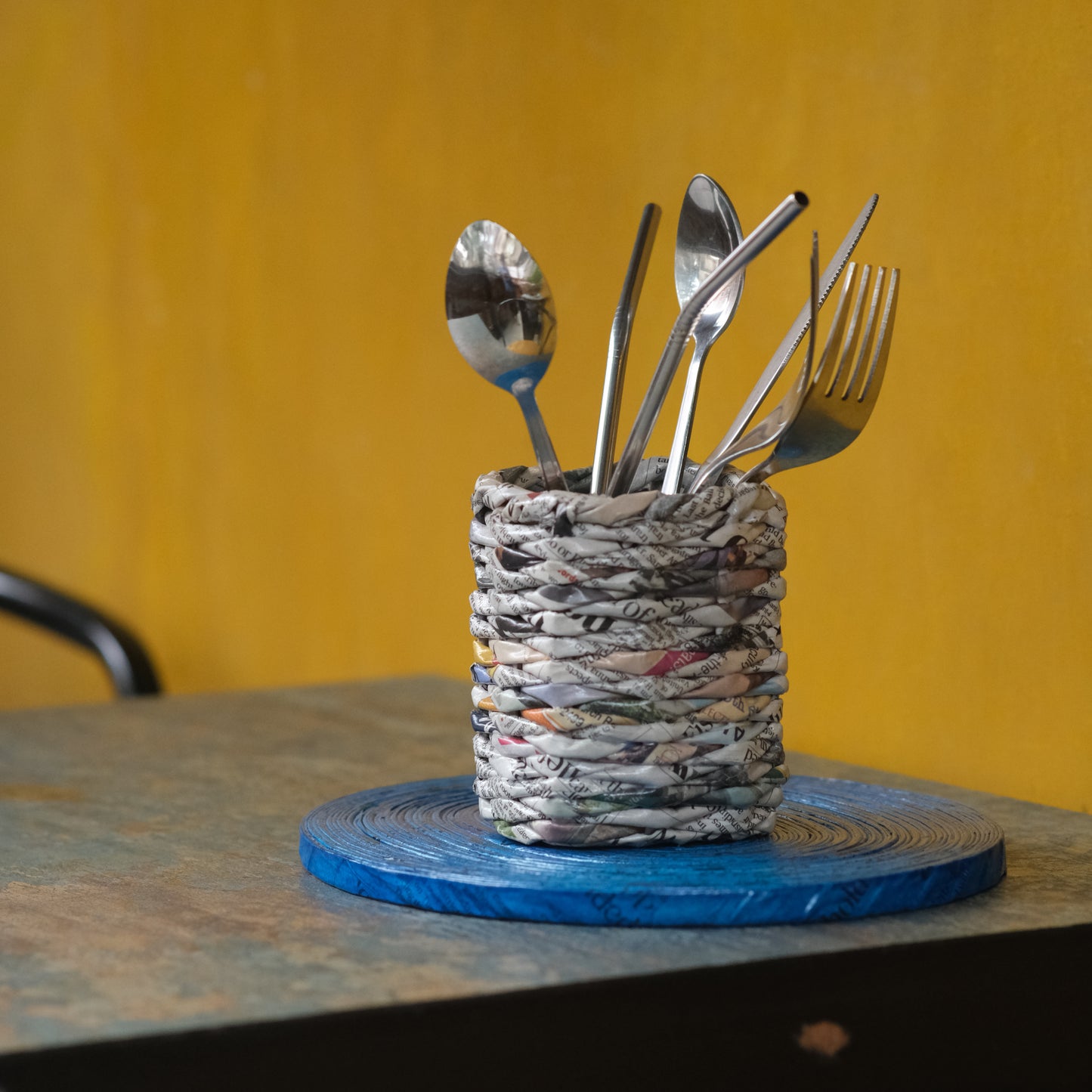 Handwoven Upcycled Newspaper Desk Organizer Holder