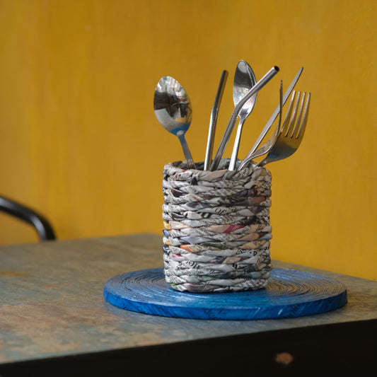 Handwoven Upcycled Newspaper Desk Organizer Holder