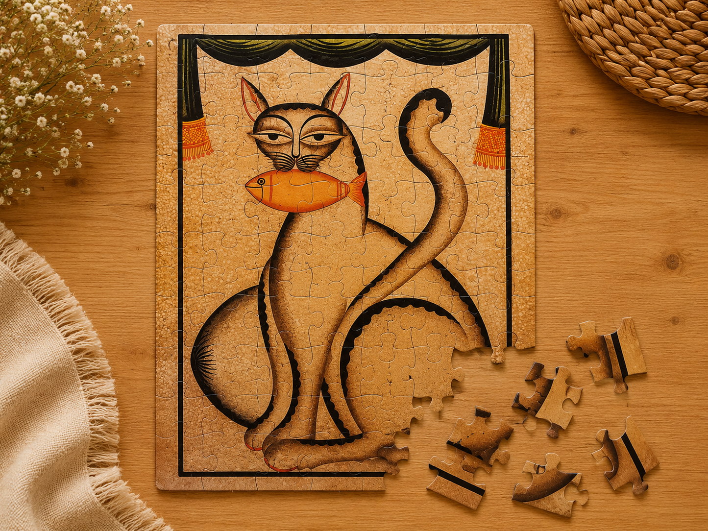 Kalighat Pat Cats 63-Piece Jigsaw Puzzle - Bengal Folk Art Puzzle for Kids & Adults