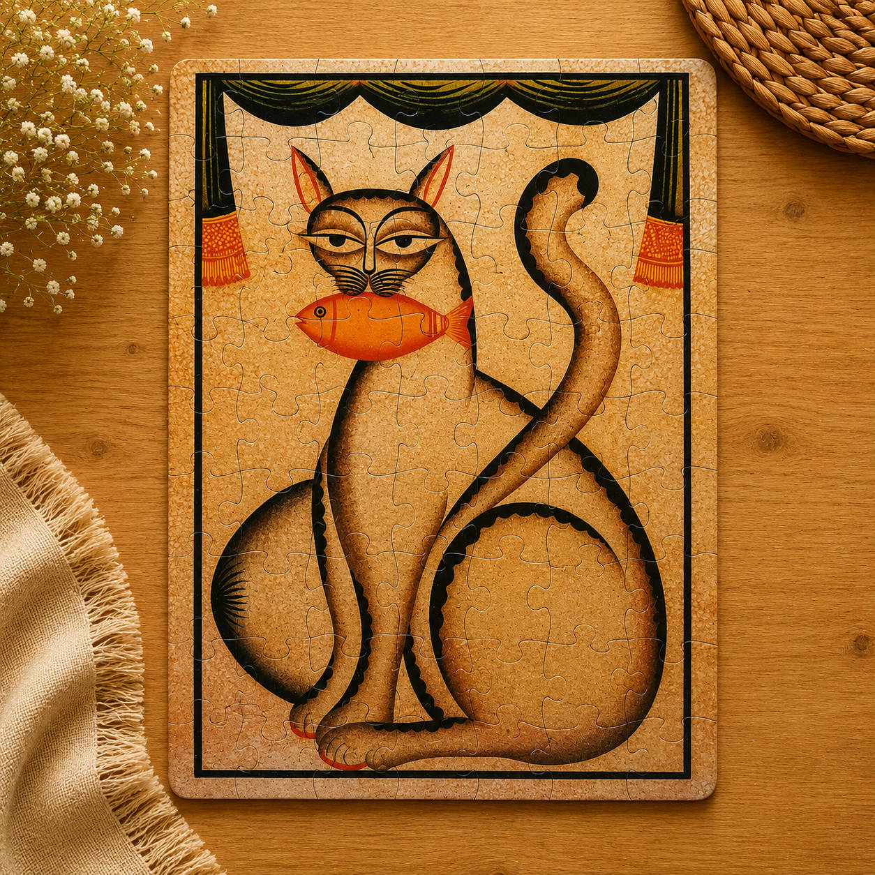 Kalighat Pat Cats 63-Piece Jigsaw Puzzle - Bengal Folk Art Puzzle for Kids & Adults