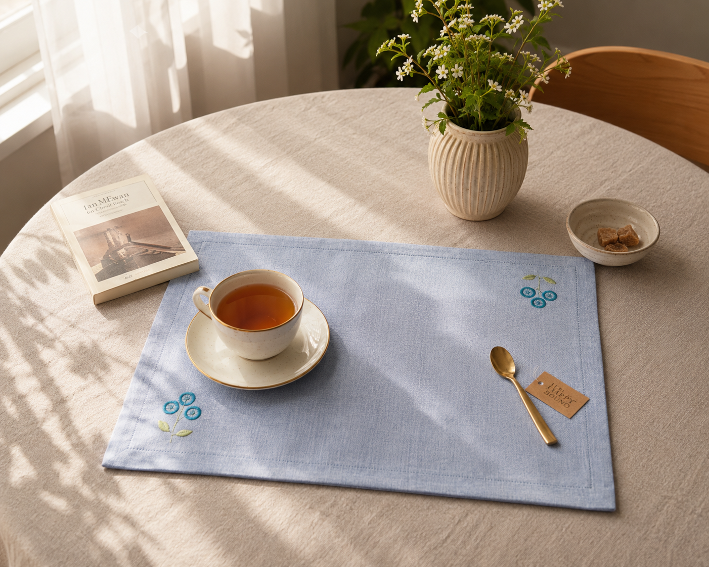 Minimal Kantha Stitched Sky Blue Cotton Placemat
