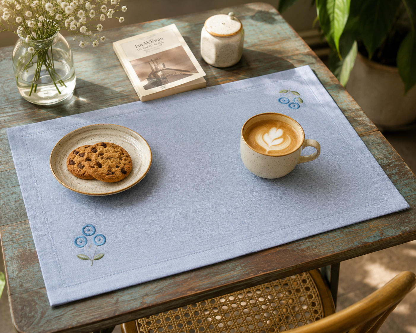 Minimal Kantha Stitched Sky Blue Cotton Placemat