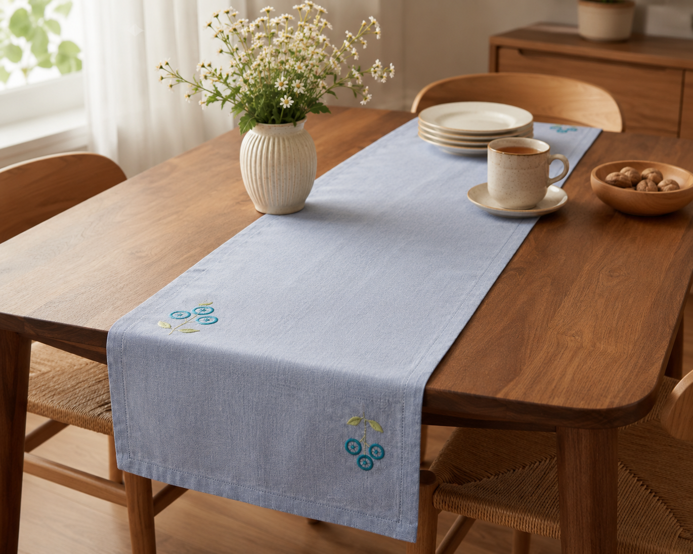 Minimal Kantha Stitched Sky Blue Cotton Runner