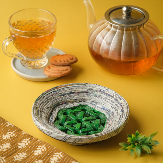 Upcycled Coiled Newspaper Saucer - Green