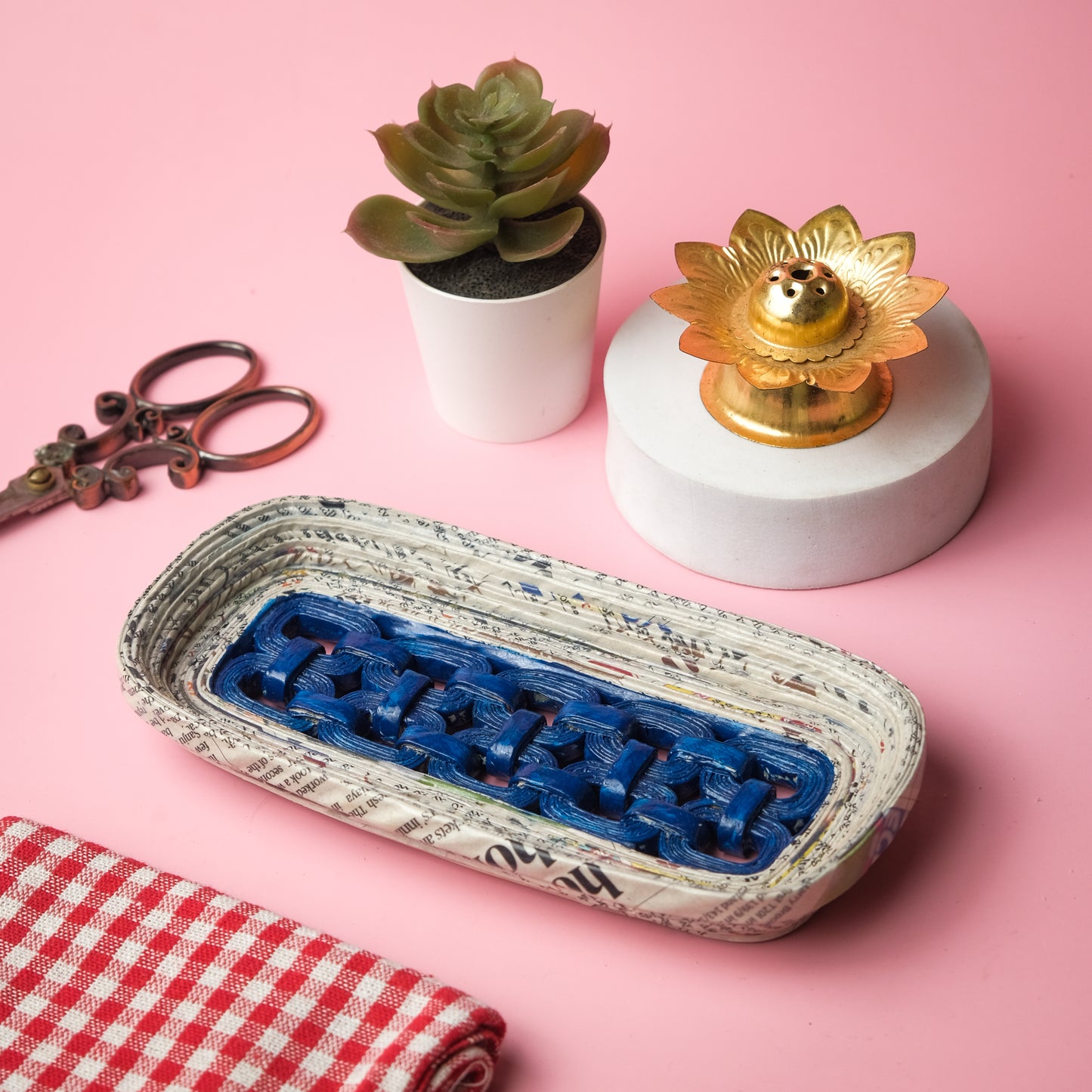 Upcycled Newspaper Coiled Mesh Storage Tray - Rectangle Colour - Blue