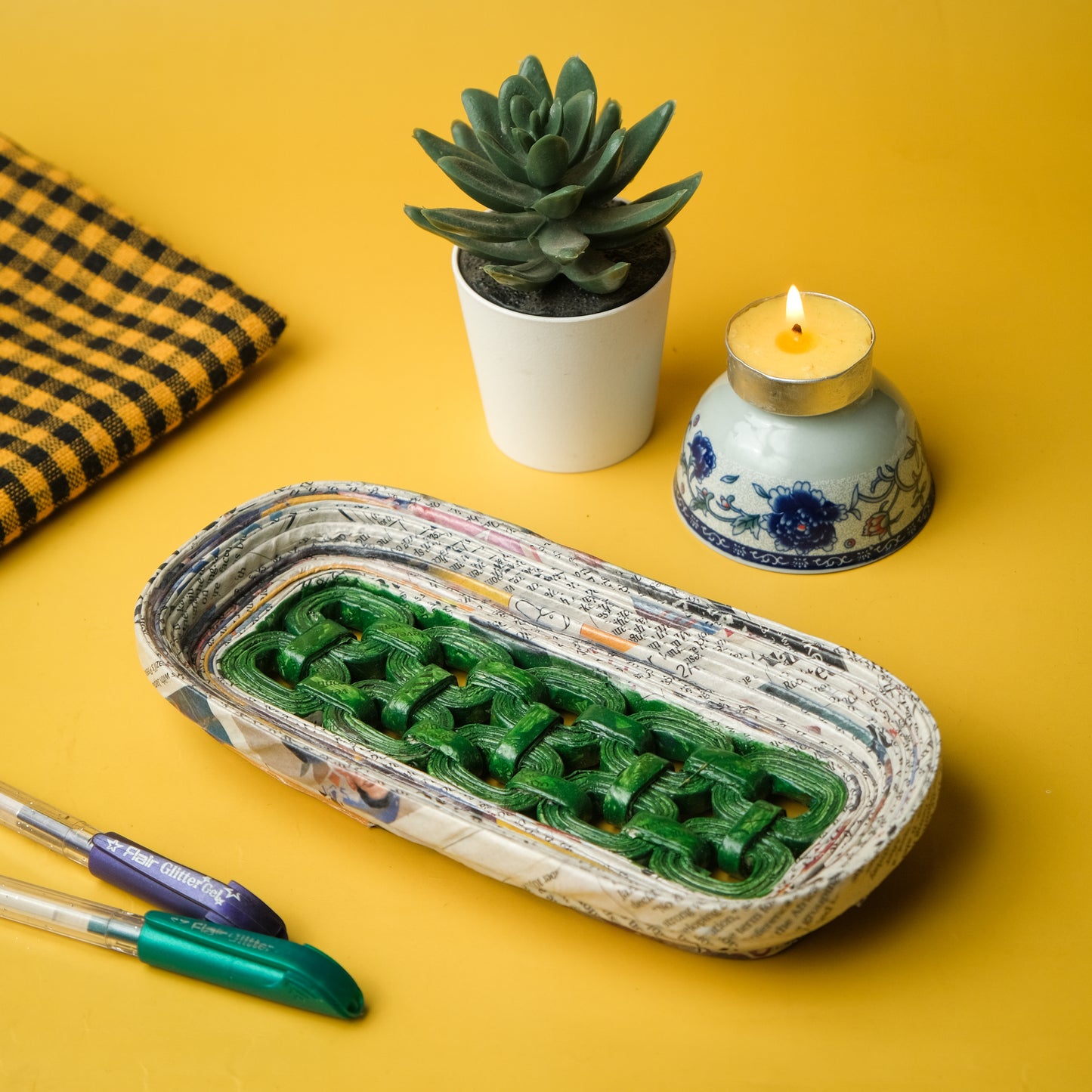 Upcycled Newspaper Coiled Mesh Storage Tray - Rectangle Colour - Green
