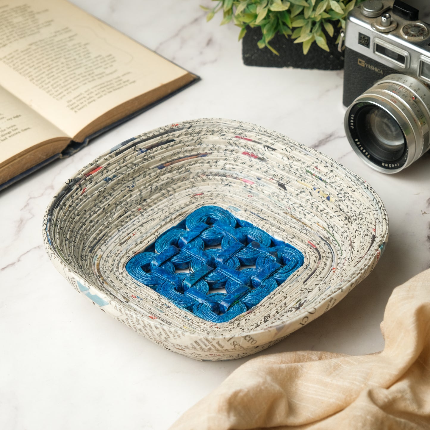 Upcycled Newspaper Coiled Mesh Storage Tray - Square Colour - Blue