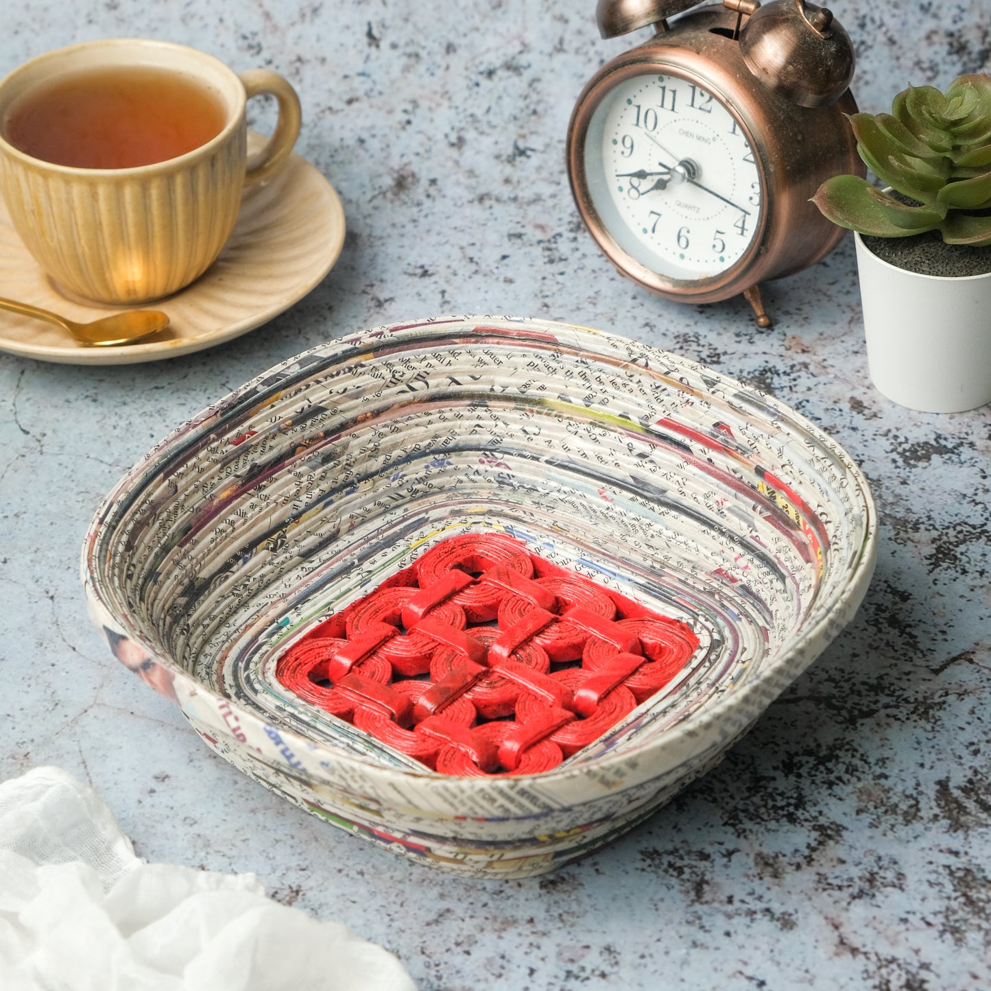Upcycled Newspaper Coiled Mesh Storage Tray - Square Colour - Red