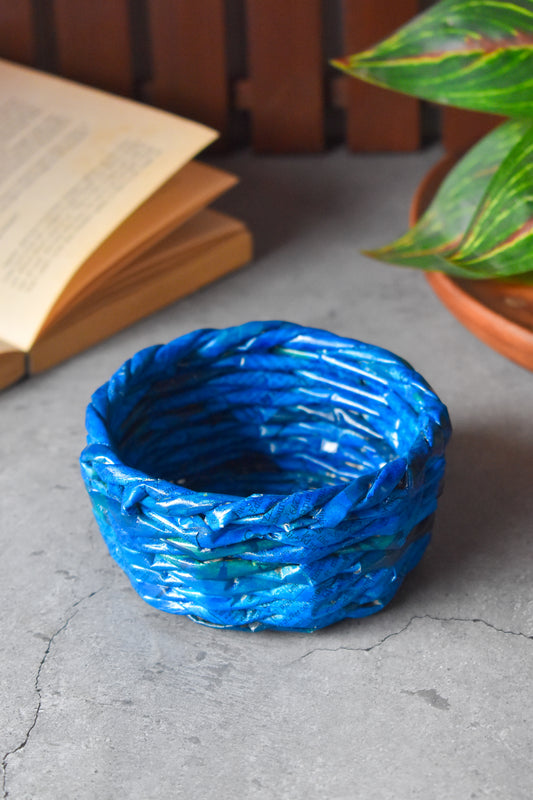 Upcycled Woven Newspaper Round Bowl Organizer - Blue