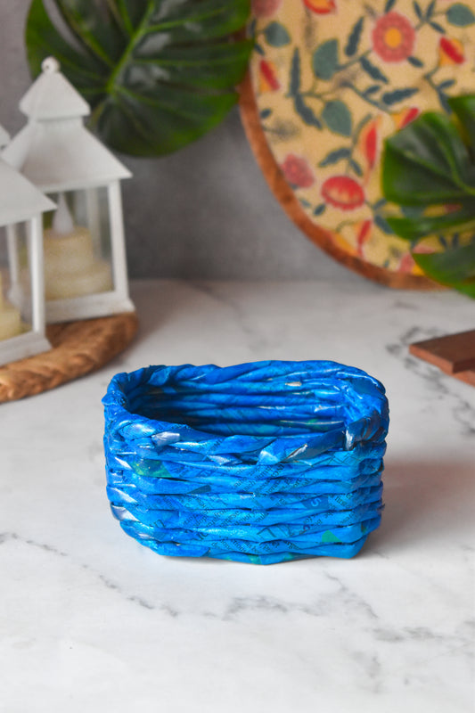 Upcycled Woven Newspaper Square Bowl Organizer - Blue