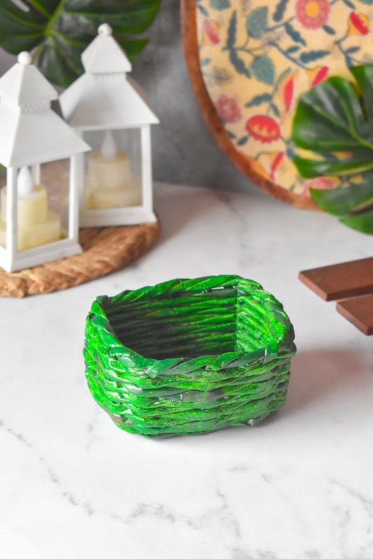 Upcycled Woven Newspaper Square Bowl Organizer - Green
