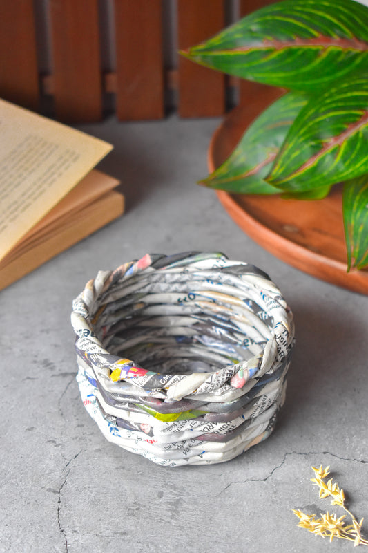 Upcycled Woven Newspaper Round Bowl Organizer